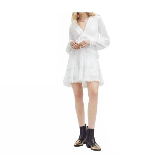 NEW ALLSAINTS zora v-neck ruffled mini dress in chalk white